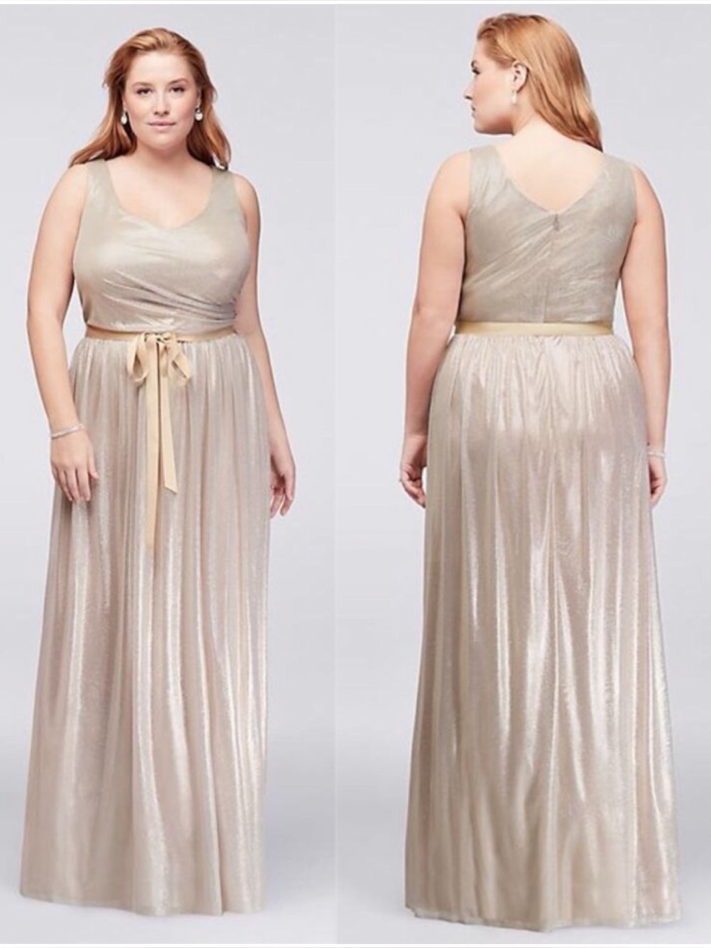 MARINA Metallic Foil Plus Size Gown with Ruched Waist STYLE# 293343